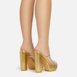 EGO Disco-Girl Diamante Detail Clear Perspex Strap Peep Toe Platform Block Heel Mule In Gold Faux Leather -EGO Sales Store 15 02 23 fw59034 sb2