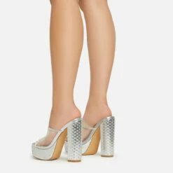 EGO Disco-Girl Diamante Detail Clear Perspex Strap Peep Toe Platform Block Heel Mule In Silver Faux Leather -EGO Sales Store 15 02 23 fw59037 sb