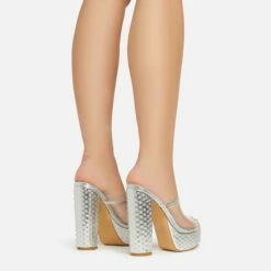 EGO Disco-Girl Diamante Detail Clear Perspex Strap Peep Toe Platform Block Heel Mule In Silver Faux Leather -EGO Sales Store 15 02 23 fw59038 sb2