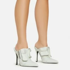 EGO Americana Zip Detail Pointed Toe Stiletto Heel Mule In Light Blue Denim