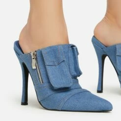 EGO Americana Zip Detail Pointed Toe Stiletto Heel Mule In Blue Denim -EGO Sales Store 15 02 23 fw59044 sq