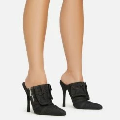 EGO Americana Zip Detail Pointed Toe Stiletto Heel Mule In Black Denim