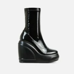 EGO Super-Nova Platform Wedge Ankle Sock Boot In Black Patent -EGO Sales Store 15 02 23 fw60535 sq