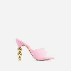 EGO Orbital Square Peep Toe Statement Metallic Heel Mule In Pink Linen -EGO Sales Store 15 02 23 fw60544 sq
