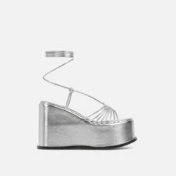 EGO Bubblegum Lace Up Knotted Strap Detail Platform Wedge Heel In Silver Metallic Faux Leather -EGO Sales Store 15 02 23 fw60580 1 sq