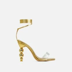 EGO Rose-Rouge Lace Up Clear Perspex Strap Square Toe Statement Metallic Heel In Gold Faux Leather -EGO Sales Store 15 02 23 fw60581 sq