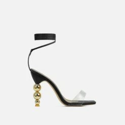 EGO Rose-Rouge Lace Up Clear Perspex Strap Square Toe Statement Metallic Heel In Black Linen -EGO Sales Store 15 02 23 fw60583 2 sq
