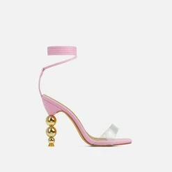 EGO Rose-Rouge Lace Up Clear Perspex Strap Square Toe Statement Metallic Heel In Pink Linen -EGO Sales Store 15 02 23 fw60583 sq