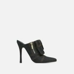 EGO Americana Zip Detail Pointed Toe Stiletto Heel Mule In Black Denim -EGO Sales Store 15 02 23 fw60584 sq