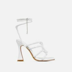 EGO Truth-Or-Dare Beaded Strap Detail Square Toe Flared Block Heel In White Faux Leather -EGO Sales Store 15 02 23 fw60590 2 sq
