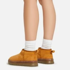 EGO Ivy Chunky Rubber Sole Faux Fur Lining Ultra Mini Ankle Boot In Chestnut Brown Faux Suede -EGO Sales Store 15 02 23 fw62012 sb