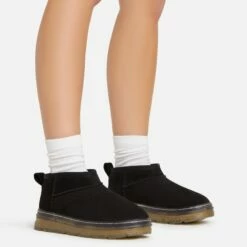 EGO Ivy Chunky Rubber Sole Faux Fur Lining Ultra Mini Ankle Boot In Black Faux Suede