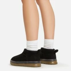 EGO Ivy Chunky Rubber Sole Faux Fur Lining Ultra Mini Ankle Boot In Black Faux Suede -EGO Sales Store 15 02 23 fw62016 sb