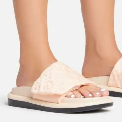 EGO It's-A-Vibe Embossed Velcro Strap Flat Slider Sandal In Nude Lycra -EGO Sales Store 15 02 23 fw63491 sq