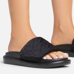 EGO It's-A-Vibe Embossed Velcro Strap Flat Slider Sandal In Black Lycra -EGO Sales Store 15 02 23 fw63495 sq