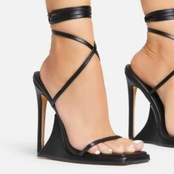 EGO Superlit Lace Up Square Toe Sculptured Platform Stiletto Heel In Black Faux Leather -EGO Sales Store 15 02 23 fw63541 sq