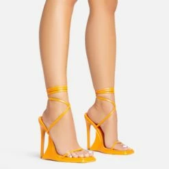 EGO Superlit Lace Up Square Toe Sculptured Platform Stiletto Heel In Orange Faux Leather -EGO Sales Store 15 02 23 fw63544 s