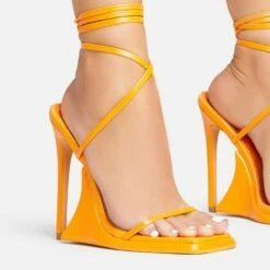 EGO Superlit Lace Up Square Toe Sculptured Platform Stiletto Heel In Orange Faux Leather -EGO Sales Store 15 02 23 fw63545 sq