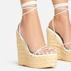 EGO Escape-Away Lace Up Woven Platform Wedge Heel In White Faux Leather -EGO Sales Store 15 02 23 fw63611 sq