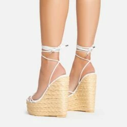 EGO Escape-Away Lace Up Woven Platform Wedge Heel In White Faux Leather -EGO Sales Store 15 02 23 fw63612 sb