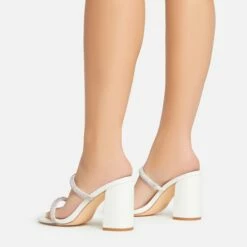 EGO Garland Double Diamante Strap Square Toe Block Heel Mule In White Faux Leather -EGO Sales Store 15 02 23 fw64213 sb