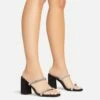EGO Garland Double Diamante Strap Square Toe Block Heel Mule In Black Faux Leather
