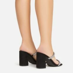 EGO Garland Double Diamante Strap Square Toe Block Heel Mule In Black Faux Leather -EGO Sales Store 15 02 23 fw64218 sb