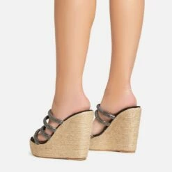 EGO Bali Diamante Strap Detail Woven Platform Wedge Heel Mule In Black Faux Suede -EGO Sales Store 15 02 23 fw64225 sb2