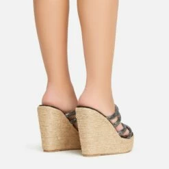 EGO Bali Diamante Strap Detail Woven Platform Wedge Heel Mule In Black Faux Suede -EGO Sales Store 15 02 23 fw64226 sb