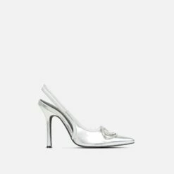 EGO Interlocking Diamante Detail Pointed Toe Slingback Court Heel In Silver Faux Leather -EGO Sales Store 15 03 23 abi70405 sq