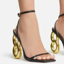 EGO Farah Ankle Strap Square Toe Gold Chain Heel In Black Faux Leather -EGO Sales Store 15 06 22 fw12733