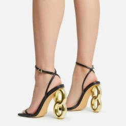 EGO Farah Ankle Strap Square Toe Gold Chain Heel In Black Faux Leather -EGO Sales Store 15 06 22 fw12734