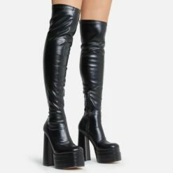 EGO Best-Nights Square Toe Extreme Platform Block Heel Over The Knee Thigh High Boot In Black Faux Leather