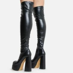 EGO Best-Nights Square Toe Extreme Platform Block Heel Over The Knee Thigh High Boot In Black Faux Leather -EGO Sales Store 15 06 22 fw12824