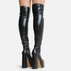 EGO Best-Nights Square Toe Extreme Platform Block Heel Over The Knee Thigh High Boot In Black Faux Leather -EGO Sales Store 15 06 22 fw12825