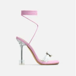 EGO Shine-Bright Lace Up Gem Detail Square Toe Clear Perspex Statement Heel In Pink Faux Leather