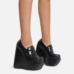 EGO A-New-Day Closed Square Toe Platform Wedge Loafer Heel In Black Croc Print Faux Leather -EGO Sales Store 15 06 22 fw12929