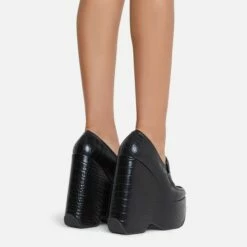 EGO A-New-Day Closed Square Toe Platform Wedge Loafer Heel In Black Croc Print Faux Leather -EGO Sales Store 15 06 22 fw12935