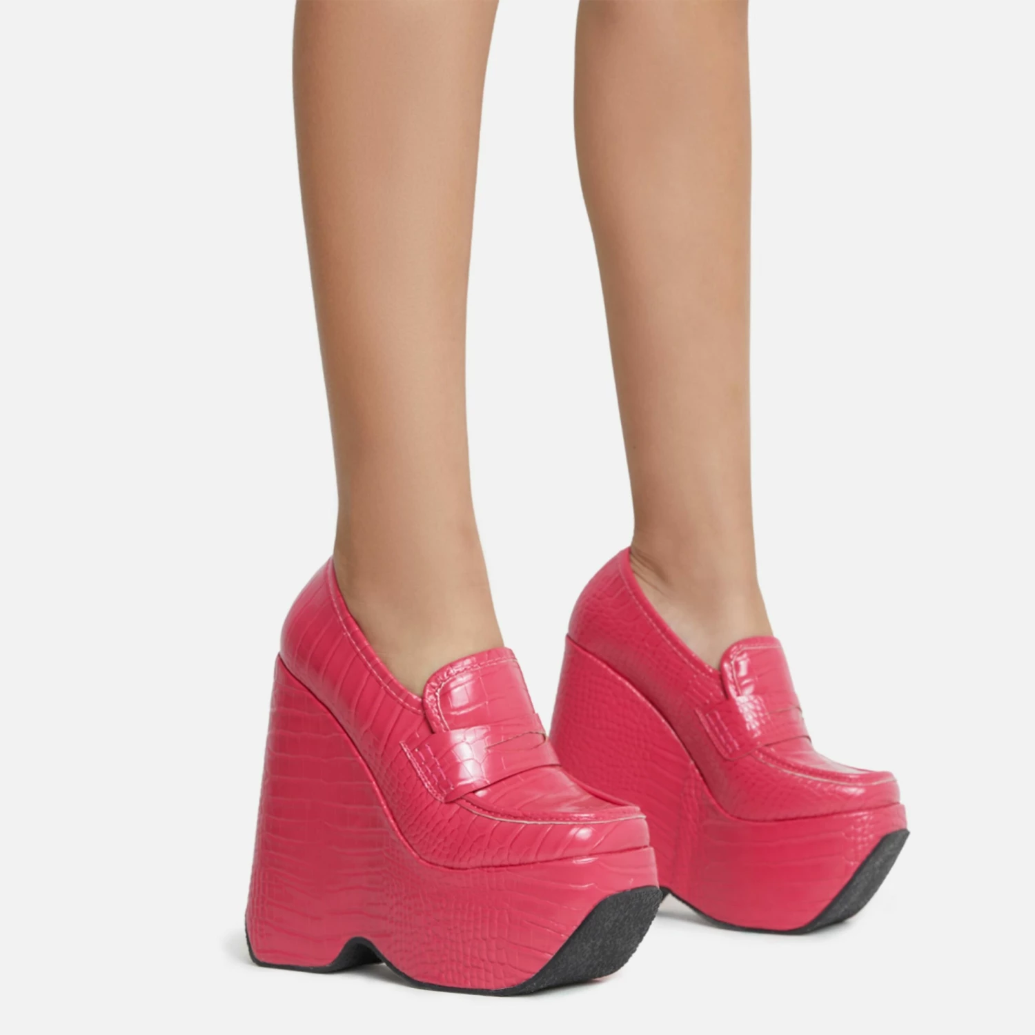 EGO A-New-Day Closed Square Toe Platform Wedge Loafer Heel In Pink Croc Print Faux Leather 4 EGO A-New-Day Closed Square Toe Platform Wedge Loafer Heel In Pink Croc Print Faux Leather - Image 2