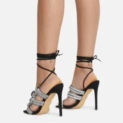 EGO No-Strings-Attached Lace Up Diamante Knotted Strap Detail Square Toe Stiletto Heel In Black Faux Leather -EGO Sales Store 15 06 22 fw12979