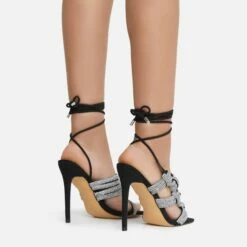 EGO No-Strings-Attached Lace Up Diamante Knotted Strap Detail Square Toe Stiletto Heel In Black Faux Leather -EGO Sales Store 15 06 22 fw12980