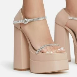 EGO Peggie Diamante Strap Open Square Toe Extreme Platform Block Heel In Nude Faux Leather -EGO Sales Store 15 06 22 fw12997