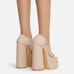 EGO Peggie Diamante Strap Open Square Toe Extreme Platform Block Heel In Nude Faux Leather -EGO Sales Store 15 06 22 fw13000