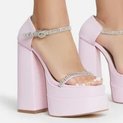 EGO Peggie Diamante Strap Open Square Toe Extreme Platform Block Heel In Pink Faux Leather -EGO Sales Store 15 06 22 fw13007 1