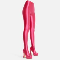 EGO Hypnosis Closed Square Toe Platform Flared Block Heel Long Legging Boot In Pink Lycra