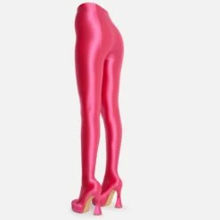EGO Hypnosis Closed Square Toe Platform Flared Block Heel Long Legging Boot In Pink Lycra -EGO Sales Store 15 06 22 fw13014