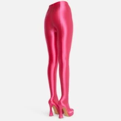 EGO Hypnosis Closed Square Toe Platform Flared Block Heel Long Legging Boot In Pink Lycra -EGO Sales Store 15 06 22 fw13015