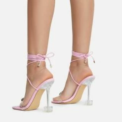 EGO Shine-Bright Lace Up Gem Detail Square Toe Clear Perspex Statement Heel In Pink Faux Leather -EGO Sales Store 15 06 22 fw13043