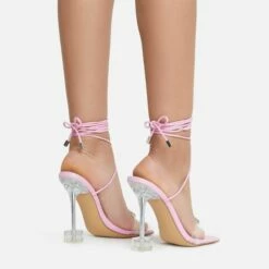 EGO Shine-Bright Lace Up Gem Detail Square Toe Clear Perspex Statement Heel In Pink Faux Leather -EGO Sales Store 15 06 22 fw13045
