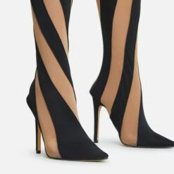 EGO Lilth Wrapped Panel Detail Pointed Toe Stiletto Heel Over The Knee Thigh High Sock Boot In Black Mesh -EGO Sales Store 16 08 22 fw12375